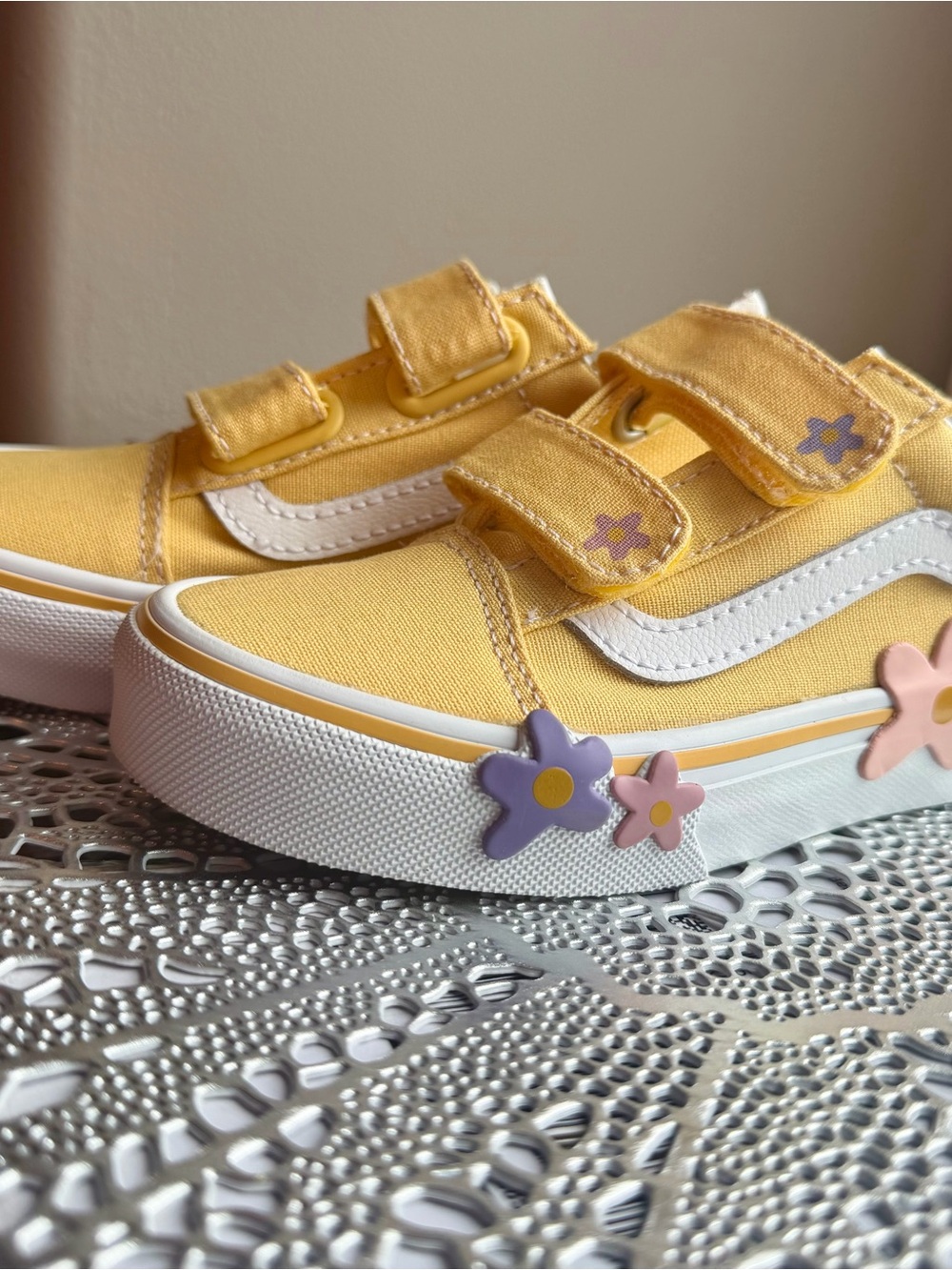 Kids Yellow Canvas Velcro Sneakers with Flower Accents